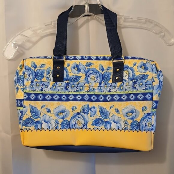 New Blue Yellow Roses Floral Satchel Purse Handbag Vibrant Country Chic Vinyl - Picture 1 of 10